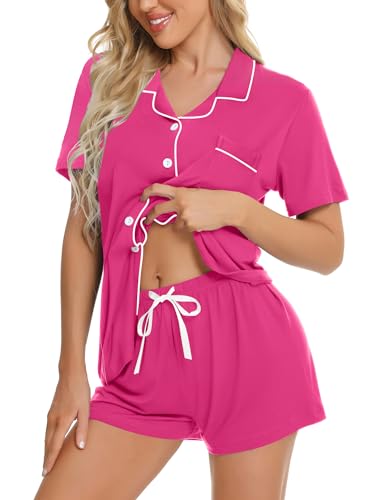 Image of SWOMOG Womens Button Down Pajamas Set Short Sleeve Sleepwear Bride Soft Pj Lounge Sets XS-3XL