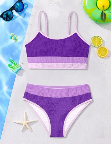 Image of Girls Bathing Suit Color-Block Adjustable Straps Bikini Sets Girls Two Piece Swimsuits with Chest Pad Swimwear 7-18T