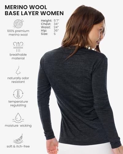 Image of Merino Wool Base Layer Women - 100% Merino Wool Shirt Women Thermal Underwear Long Sleeve T-Shirt for Hiking