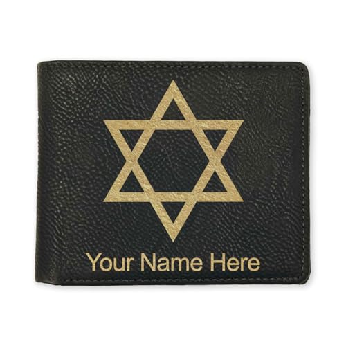LaserGram Faux Leather Bi-Fold Wallet, Star of David, Personalized Engraving Included (Black with Gold)