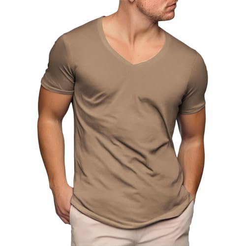 Casual Short Sleeve Shirts for Mens Deep V Neck T Shirts Muscle Slim Fit Tee Low Cut Stylish Tops