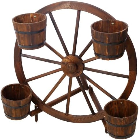 Wooden Wagon Planter Box, Garden Planter with Wheels,Decorative Planter for Flowers Herbs Vegetables for Indoor & Outdoor Décor. (Wagon Wheel Barrel Planter Display)