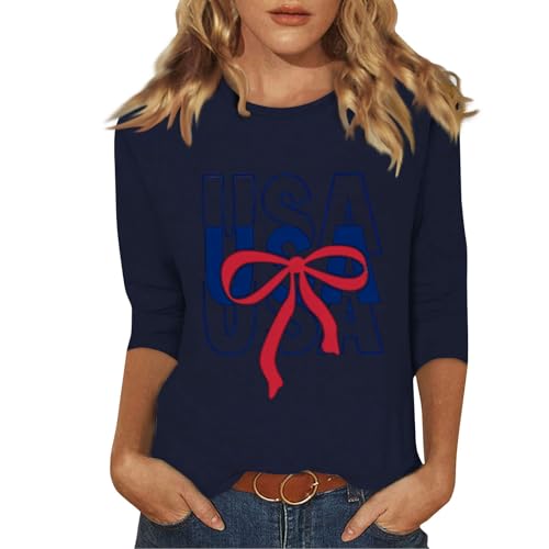 Women's 3/4 Sleeve Round Neck Blouse Casual Patriotic Flag Printed Shirts 250th Anniversary USA Tops