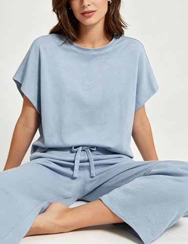 Image of Bozanly 2 Piece Sets for Women Short Sleeve Tops and Capris Loose Matching Pajama Sets Sweatsuits