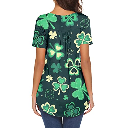 Women's Shirts Casual Blouse Comfort Shamrock Pattern Pleated Front Button Down Tunic Top 2022 Summer Casual Short Sleeve Henley Tops Henley Short-Sleeve V Neck Blouse Tee #TOP1