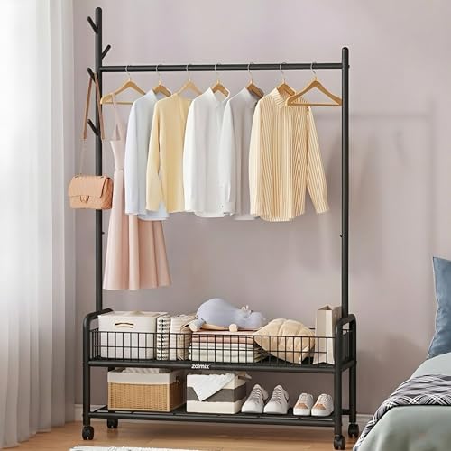 Image of ZOLMIX Metal Garment Rack With Wheels & 2 Bottom Mesh Shelves | Clothes Hanging Stand, Coat Hanger Stand For Home, Cloth Rack For Bedroom, Clothing Rack Organizer For Clothes, Bags & Shoes (Black)