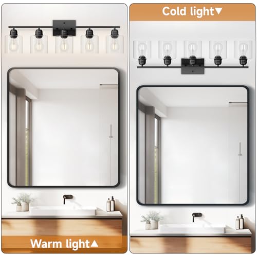 Image of Modern 5 Light Bathroom Vanity Light, 31 inch Black Bathroom Lights Fixtures, Vanity Lights with Clear Glass for Mirror Kitchen Living Room Hallway Cabinet Porch