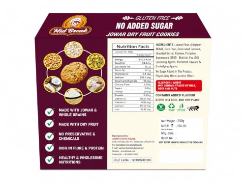 Image of Midbreak No Added Sugar Jowar Millet & Dry Fruit Cookies 200g (Pack of 1) |Gluten-Free Biscuits | High Fiber Diabetic-Friendly Healthy Snack