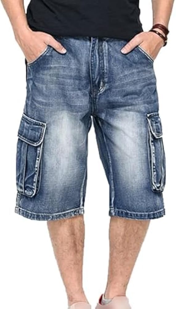 DGHM-JLMY Washed Denim Shorts for Men Thin Multi-Pocket