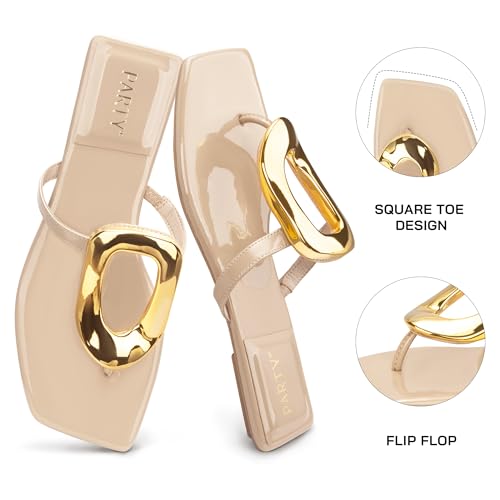 Image of PARTY Square Toe Flip Flops Women,Fashion Designer Thong Sandals with Gold Buckle Trendy Summer Comfort Flat Sandals