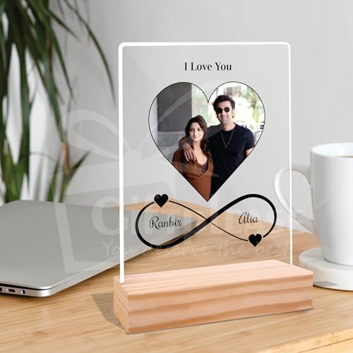 Image of Giftplease Customized Photo And Text Frame With Wooden Stand | Personalised Printed Photo Frame | Gift | Birthday | Anniversary (Transparent, 5MM, 6 * 8 Inches), Tabletop