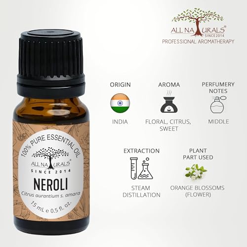 Image of All Naturals Neroli Essential Oil 100% Pure for Clear Face, Glowing Skin, Sound Sleep & Diffusers, Deep Citrusy Floral Aroma - 15 mL