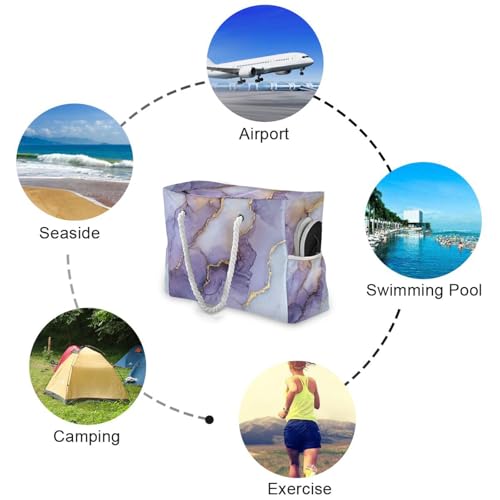 Marble White Purple Travel Bag Beach Sports Handbag Waterproof Sandproof with side pockets Wet Bag Large Womens Travel Tote for Gym Travel Daily4
