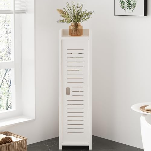 Dripex 4 Tier Bathroom Floor Cabinet, Slim White Storage Cabinet with Door, Narrow Free Standing Cupboards Adjustable Shelves for Bathroom, Bedroom or Balcony (Door Style 2)