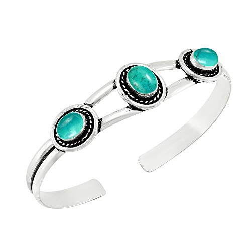 Natural Three Gemstones 925 Silver Overlay Open Bangle for Women - Oval Stone Vintage Style Handmade Adjustable Cuff Bracelet Jewelry - Perfect for Wedding & Special Occasions