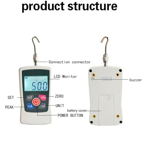 5N Digital Kraftanzeige, Push -Pull -Messgerät Tragbare Kraftmesser Dynamometer -Spannungsmessgeräte -Druckschubmesser mit Einheiten N/lb/kg/oz, Tragbarer Speichergehäuse