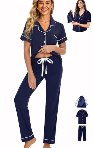 Womens 3Pcs Pajamas Set Soft Pajama Sets Button Down Pjs Set Knit Sleepwear Lounge Sets with Long Pants XS-XXL4