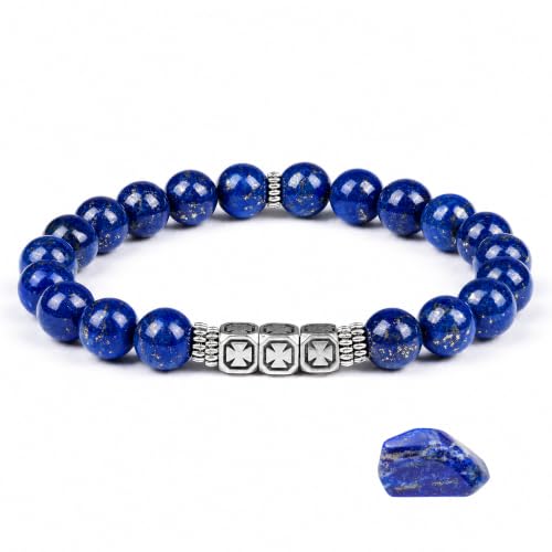 King Will Men's Genuine Crystal Stone Stretch Bracelet with Cross Spacer Lapis Lazuli