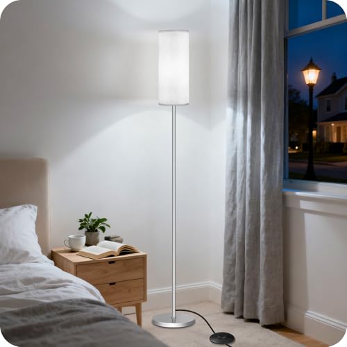 Image of Dimmable Floor Lamps for Living Room with Remote and Foot Switch, 64.4 inch Modern Standing Tall Lamp, Corner Lamp for Office, Bulb Included, 3000K-6500K, Silver and Off-White SW06LD05W1