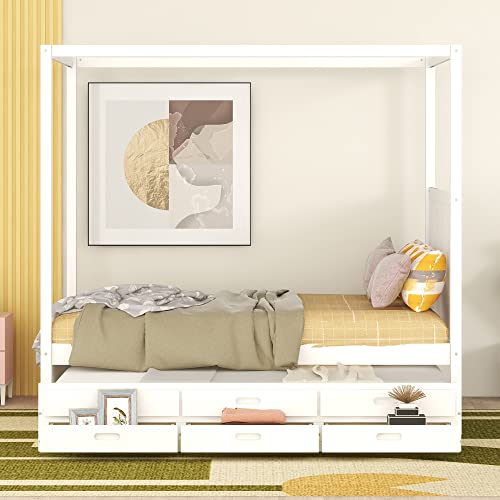 Queen Canopy Beds With Trundle Wood 4-Poster Bed With Storage Drawers Modern Queen Size Bed Frame With Headboard For Adults Kids Teens, White #TOP2