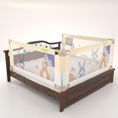 Image of BAYBEE Bed Railing for Baby Safety Guard for Kids | Bed Side Protector for Baby Falling Guard with 28 Level Height Adjustable & Portable Bed Rails for Babies (6FtX5FtX6Ft, 3 Sides, White /Beige)