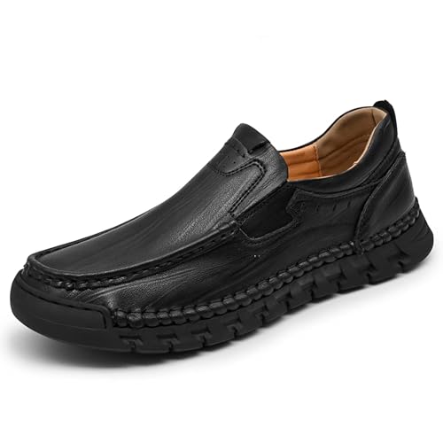 Men's Slip-On Loafers Vintage Leather Business Formal Shoes Anti-Slip Comfortable Casual Driving Walking Boat Shoes Hand-Stitched