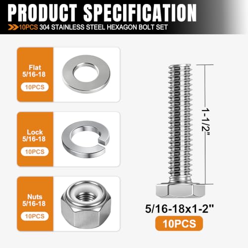 Image of mankk 10PCS 5 /16-18 x 1-1 /2 inch Hex Bolt & Nut Kit, 18-8 (304) Stainless Steel