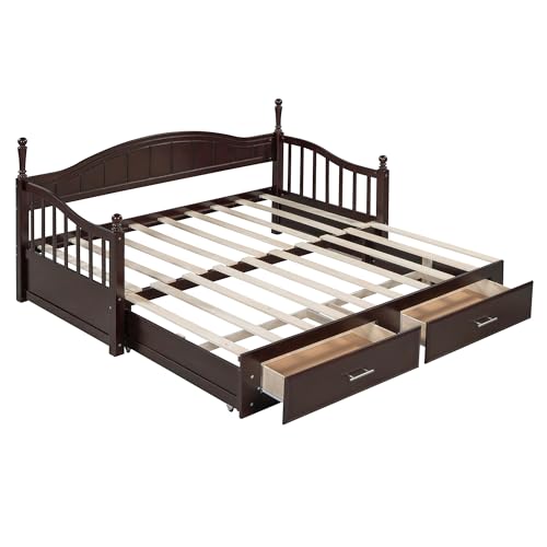 Image of Merax Modern Wood Daybed with Pop Up Trundle Twin to King Extendable Sofa Bed Frame for Kids Teens Adults /No Box Spring Needed Espresso