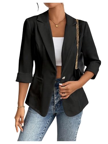 Floerns Women's 3/4 Length Sleeve Lapel Neck Blazer Office Work Dressy Jackets with Pocket