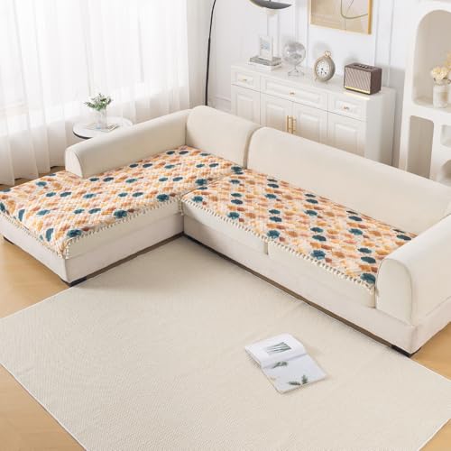 Image of HOKIPO Boho Wildflower L Shape (2+2 Seater) Sofa Seat Mat with Tassel| Quilted Sofa Cover Mat, 'Tassel Twigs' Series (IN-983-T11 + IN-984-T11)