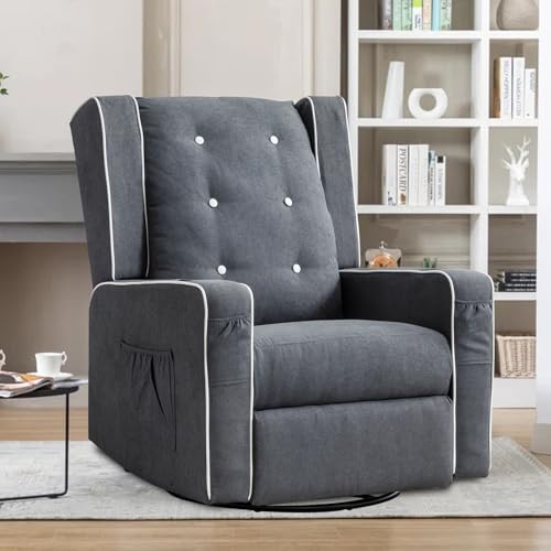 Image of Oprisen Swivel Rocker Recliner Chair, Upholstered Glider Chair for Nursery with Cup Holders, Manual Nursery Reclining Rocking Chair