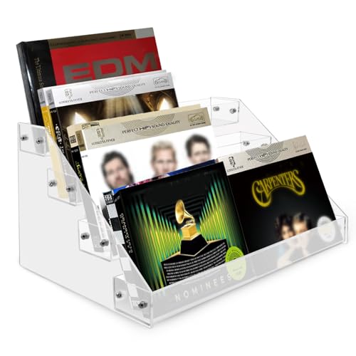 ORNAROVI Acrylic CD Holder Stand, Tiered CD Storage Rack with Cross Wrench, Clear DVD Rack for Counter Display Supplies, DVD Storage Shelves for Media Shelf Organization (4 Tier)