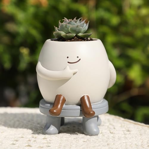 Ifukens 多肉植物 鉢 サボテン 鉢 可愛い植木鉢 おしゃれ かわいい笑顔 脚付きプランター ミニ盆栽 樹脂製観葉植物 鉢植え癒し屋内屋外植木鉢 部屋飾りガーデニング雑貨庭 置き物 母の日クリスマス プレゼント(デザインA-考えてみる) - ifukens - 商品画像