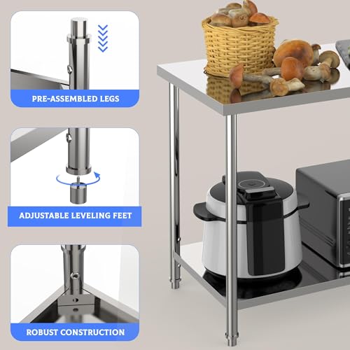 Image of Garvee Stainless Steel Table, 36 inch x 24 inch NSF 2 Tier Prep Table with Adjustable Foot & Under Shelf, Heavy Duty Commercial Worktable for Restaurant, Home, Kitchen, Indoor, Outdoor