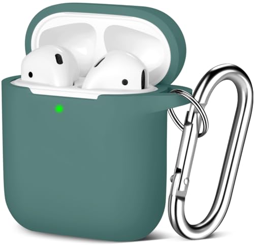 Maledan Custodia Compatible per Airpods 2 & 1, Antiurto Cover Protettiva [LED anteriore Visibile] Supporta la ricarica wireless con moschettone,Verde pino
