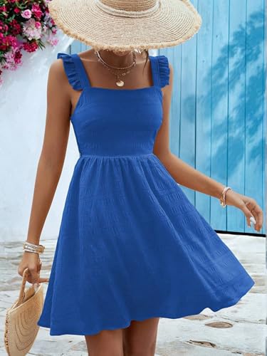 Image of SISKIN Women's Summer Spaghetti Strap Sleeveless Square Neck Ruffle A Line Swing Mini Dress 2025