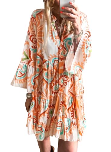 miduo Womens Summer V Neck 3/4 Sleeve Tribal Babydoll Shirt Dress Orange M