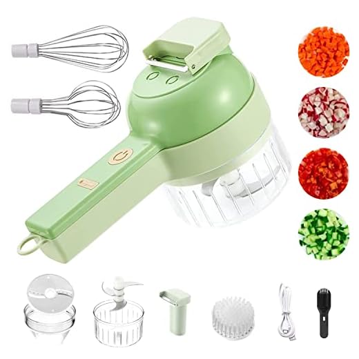 AriGold 4 In 1 Handheld Vegetable Chopper Electric Cutter Grater Set Portable Mini Wireless Food Processor Kitchen Vegetable Slicer Dicer Cutter for Garlic with bonus Egg and Cream beater. (GREEN)