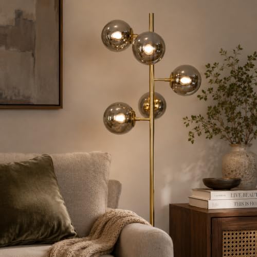 Image of BOKT Gold 5-Light 67'' Tall Floor Lamp Smoked Glass Globes Standing Lamp