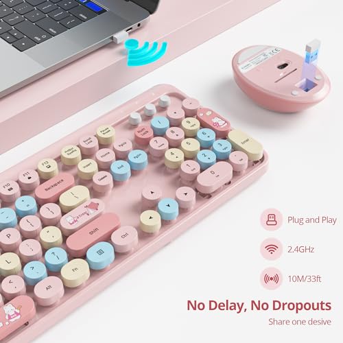 Image of GTSP Typewriter Pink Keyboard and Mouse Wireless, Full-Size Colorful Cute Office Keyboard 2.4GHz with Number Pad for Desktop Laptop and PC (Colorful Pink)