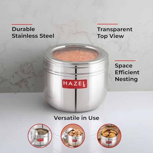 Image of HAZEL Stainless Steel Transparent Lid Containers | Versatile Storage Jars with See-Through Top | Nesting Kitchen Canisters for Spices, Snacks & Grains | 500ml (Set of 2)