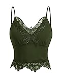 SHENHE Women's Ribbed Knit Butterfly Lace Trim V Neck Spaghetti Strap Crop Cami Tank Top Army Green Large