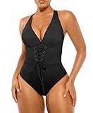 SHAPELLX Slimming Bathing Suits Tummy Control V Neck One Piece Swimsuits for Women with Crisscross Back Black L