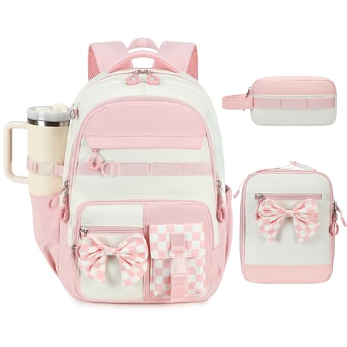 CAMTOP Girls Backpack with Lunch Box & Pencil Case Set School Backpack for Girls with Large Water Bottle Holder Straps Waterproof Kids Backpack Cute Bookbag for Elementary School & Travel