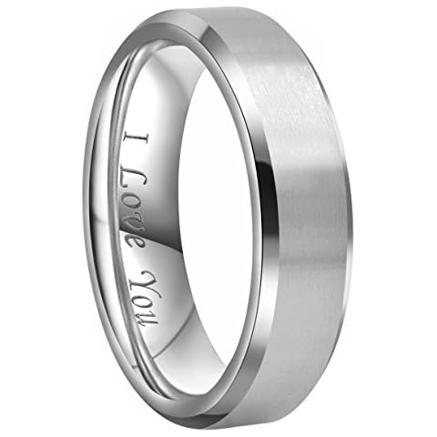 CROWNAL 4mm 6mm 8mm Black/Silver Titanium Wedding Couple Bands Rings Men Women Matte Finish Beveled Edges Engraved I Love You Comfort Fit Size 4 to 16, titanium Cover