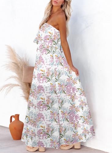 Image of Dokotoo Womens Strapless Dresses Casual Side Split Flowy Boho Maxi Dress | High Waist,Off The Shoulder,Wedding Guest,Bohemian,Beach Vacation Clothes,Floral Print,Sundresses,Casual