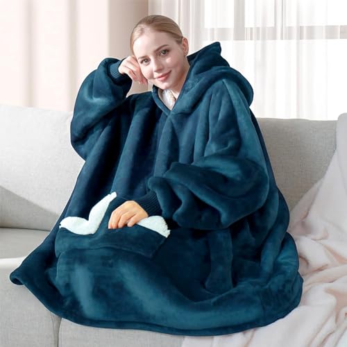 Touchat Wearable Blanket Hoodie, Oversized Sherpa Blanket Sweatshirt with Hood Pocket and Sleeves, Gifts Hooded Blanket for Adult Women Men (Dusty Blue)