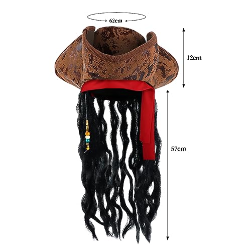 Pirate Hat Tricorn Hat with Braids Halloween Pirate Dreadlock Hat Brown Pirate Captain Hat Wig Prirate Costume Accessories Pirate Cosplay Hat Caribbean Party Hats Medieval Hat Halloween Fancy Dress - Image 2