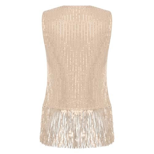 Rswnyirn Camiseta sin mangas para mujer, con flecos, cuello redondo, vintage, discoteca, champán, S