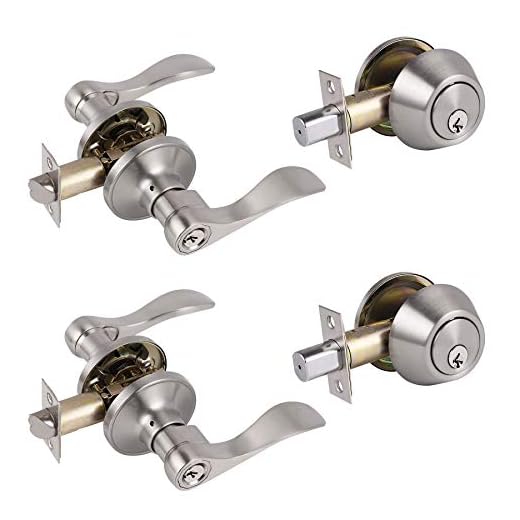 Probrico 2 Sets-Wave Style Entry Door Levers with Double Cylinder Deadbolts Combo Pack, Keyed Alike Door Knobs Exterior and Interior Lockset Leverset, Handleset for Front and Entrance Door